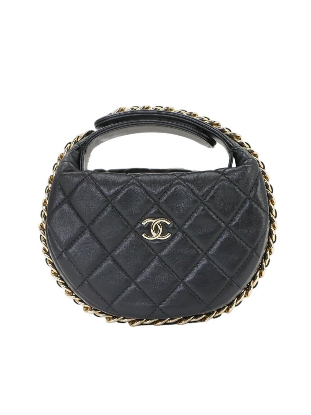 Chanel Quilted Hand Bag Leather Black Gold